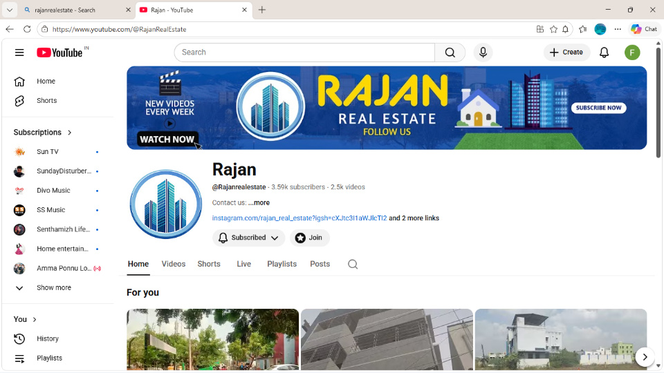 home page of the Rajanrealestate YOUTUBE Channel